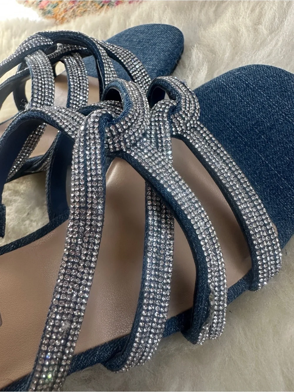 Unisa Denim Rhinestone Sandals Womens 7 Blue Block Heel Open Toe New